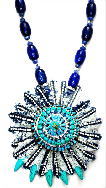 Junko Turquoise and Lapis lazuli Denim and Rhinestone-Embellished Pendant Necklace