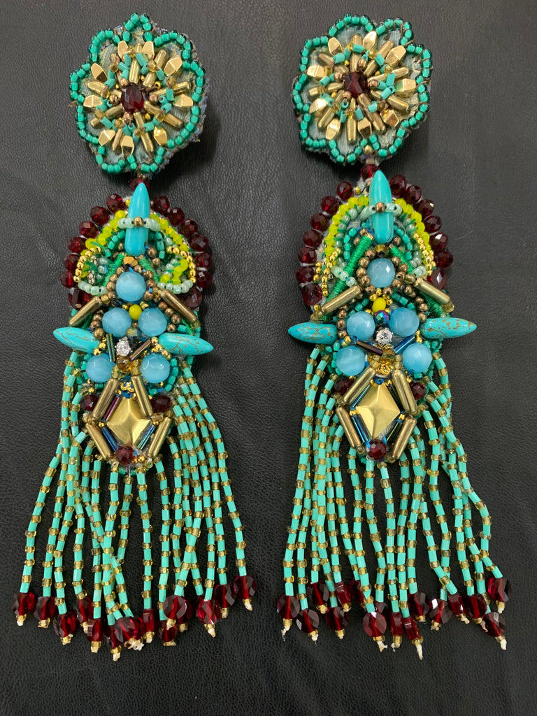 Kambili Beaded Embellished Blue Turquoise and Chalcedony and Red Crystal Fringe Drop Earrings