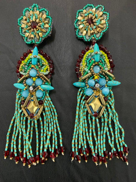 Kambili Beaded Embellished Blue Turquoise and Chalcedony and Red Crystal Fringe Drop Earrings
