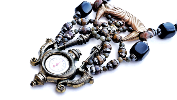 Limbani Antiqued Brass Thermometer Tapered Metal Coiled Necklace with Ocean Jasper, Labradorite and Ebony Barrel Wood