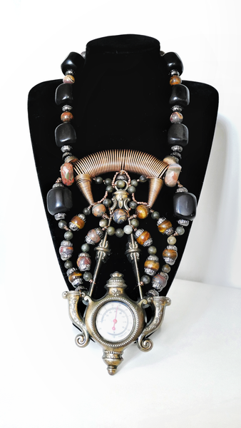 Limbani Antiqued Brass Thermometer Tapered Metal Coiled Necklace with Ocean Jasper, Labradorite and Ebony Barrel Wood
