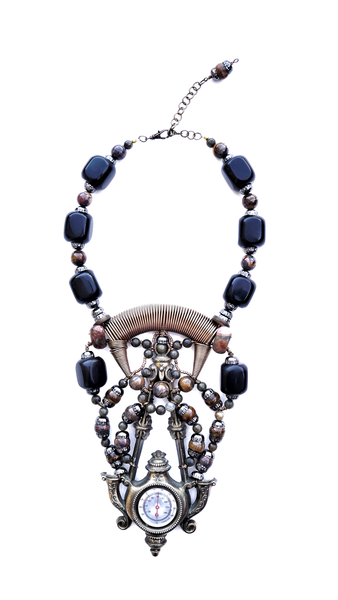Limbani Antiqued Brass Thermometer Tapered Metal Coiled Necklace with Ocean Jasper, Labradorite and Ebony Barrel Wood