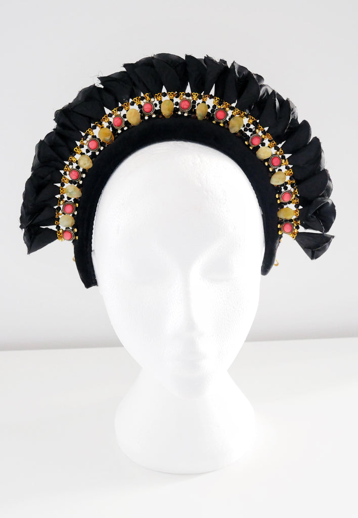 Lulie Beaded Embellished Flower Black Velvet Headband