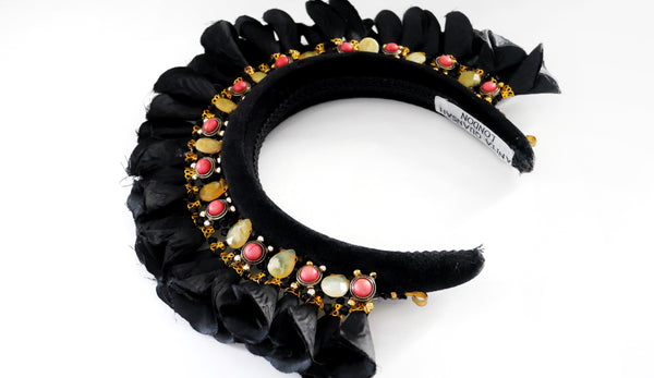 Lulie Beaded Embellished Flower Black Velvet Headband