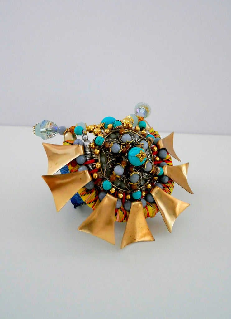 Mbali Multi-Beaded, Swarovski Crystal, Turquoise And Brass Plated Fan Cuff Bracelet