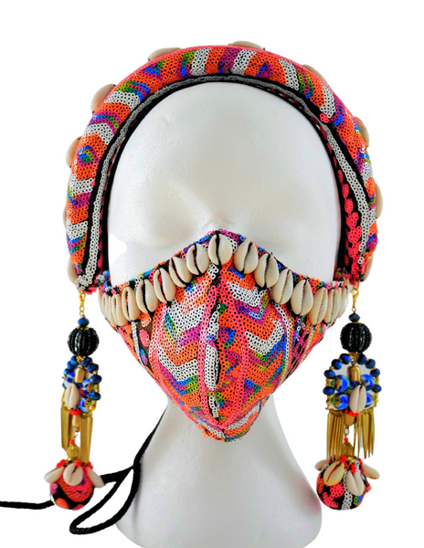 Reusable Multi-Coloured Sequin Facemask with Cowrie Shells