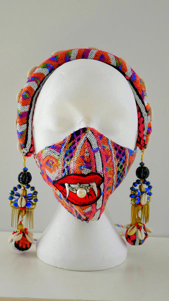 Multi-Coloured Sequin Pearly Fang Facemask with Rhinestones