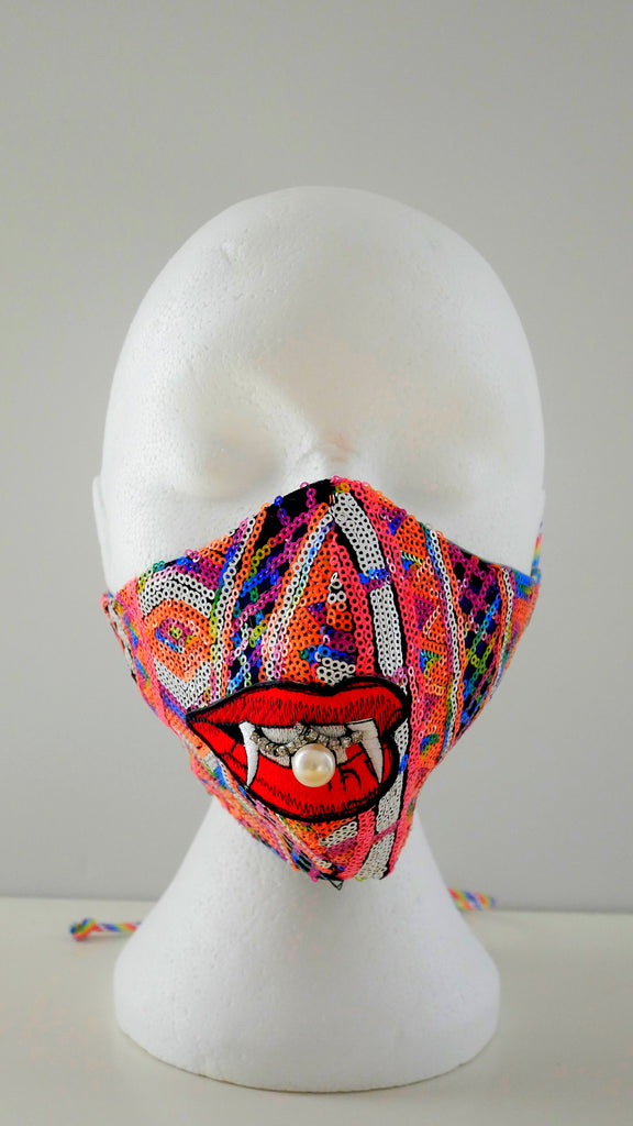 Multi-Coloured Sequin Pearly Fang Facemask with Rhinestones