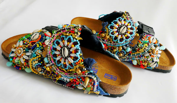 Multi-Glass Beaded and Crystal-Embellished Customised Arizona Birkenstock Women’s Double Strap Sandals