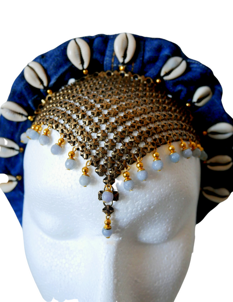 Nastassia Embellished Shell and Chainmail Ruched Denim HeadbandAnita Quansah London
