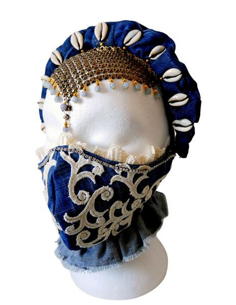 Nastassia Embellished Shell and Chainmail Ruched Denim HeadbandAnita Quansah London
