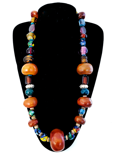 Ningrum Moroccan Copal Amber, Chrysocolla and Multi-Colour Murano Glass Beaded Necklace