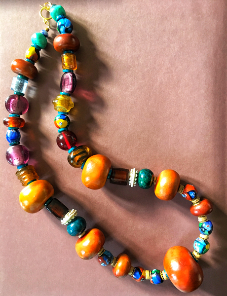 Ningrum Moroccan Copal Amber, Chrysocolla and Multi-Colour Murano Glass Beaded Necklace