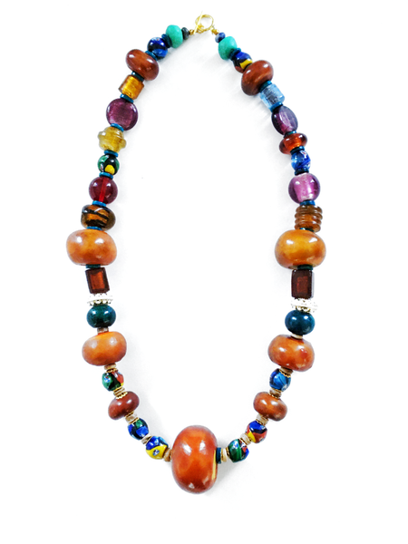 Ningrum Moroccan Copal Amber, Chrysocolla and Multi-Colour Murano Glass Beaded Necklace