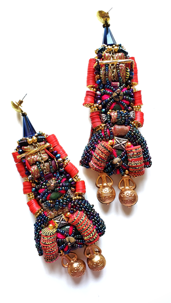 Obianuju Green Jasper with Pyrite, Swarovski Multi-Beaded Embellished Drop Earrings with African Vinyl Disc Beads and Brass Pots Pendants