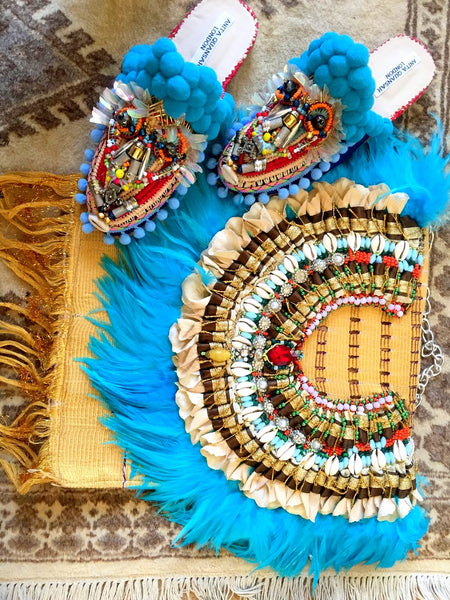 Odette Beaded Shell and Petal-Embellished Aso-Oke Fringed Feather Shoulder Bag Anita Quansah London