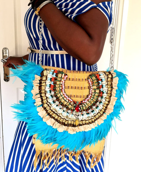 Odette Beaded Shell and Petal-Embellished Aso-Oke Fringed Feather Shoulder Bag