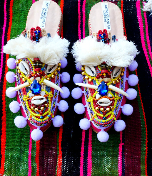 Odine Multi-Beaded Embellished Leather And Raffia Pom-Pom Slippers