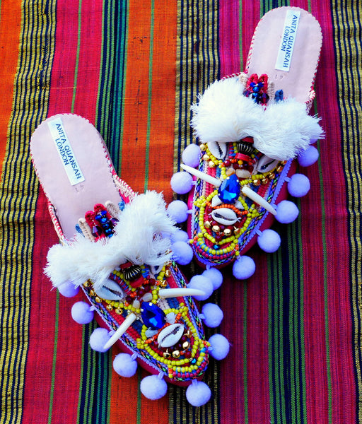 Odine Multi-Beaded Embellished Leather And Raffia Pom-Pom Slippers