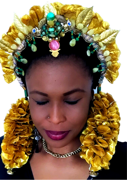 Okankan  Gemstone-Embellished Gold Flower Petals Headpiece with Detachable  Earrings