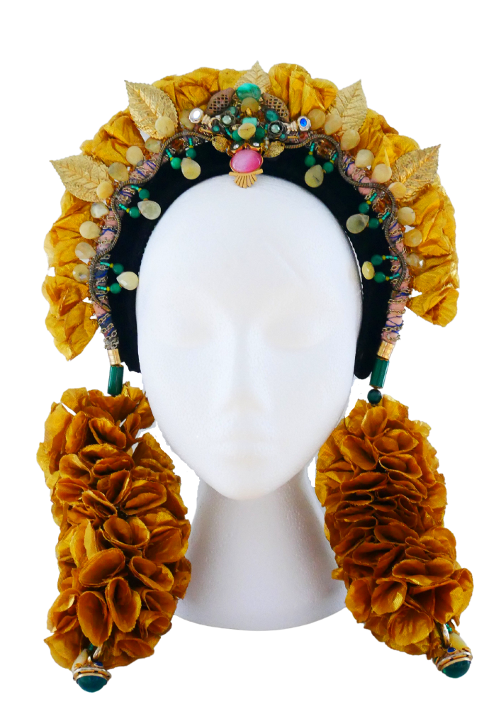 Okankan  Gemstone-Embellished Gold Flower Petals Headpiece with Detachable  Earrings