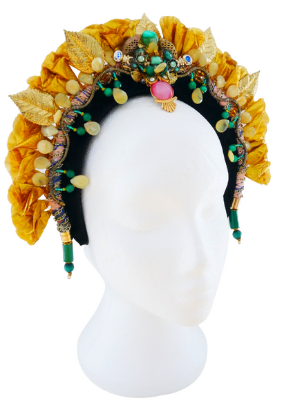 Okankan  Gemstone-Embellished Gold Flower Petals Headpiece with Detachable  Earrings
