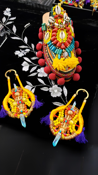 Osinachi Natural Blue Titanium Aura Quartz Cluster, Yellow Jade Gemstone, and Multi-Beaded Embellished Purple Tassel Orange Statement Drop Earrings