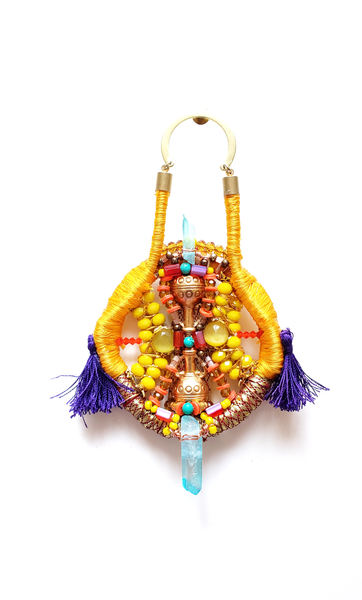 Osinachi Natural Blue Titanium Aura Quartz Cluster, Yellow Jade Gemstone, and Multi-Beaded Embellished Purple Tassel Orange Statement Drop Earrings