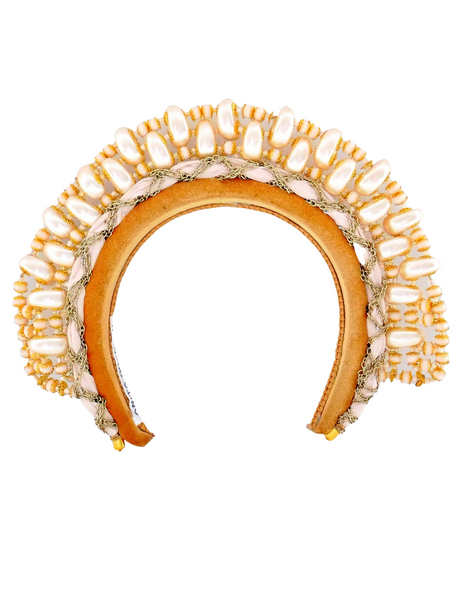 Ottilia Embellished Brass And Faux Pearl Beige Velvet Headband