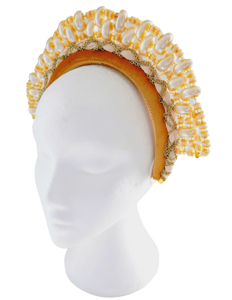 Ottilia Embellished Brass And Faux Pearl Beige Velvet Headband