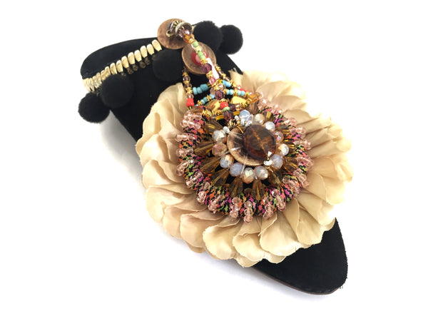 Ovia Embellished Beaded Silk Petals Suede Leather Mules