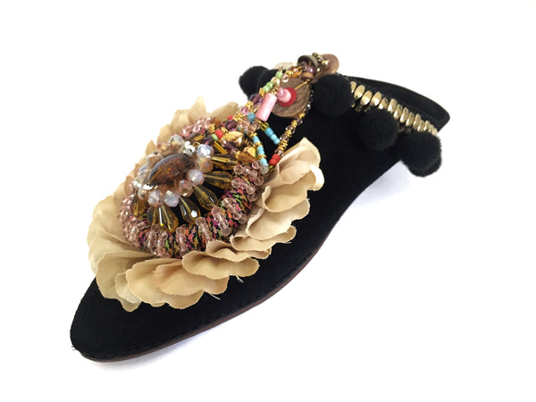 Ovia Embellished Beaded Silk Petals Suede Leather Mules