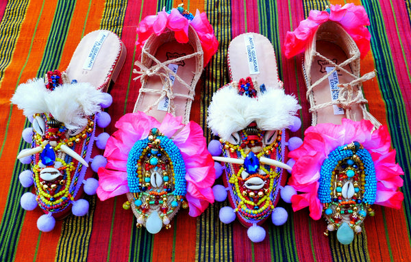 Odine Multi-Beaded Embellished Leather And Raffia Pom-Pom Slippers