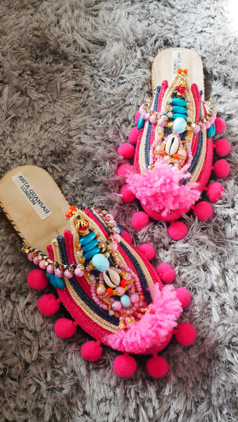 Chiara Multi-Beaded Embellished Raffia And Leather Tassel Slippers