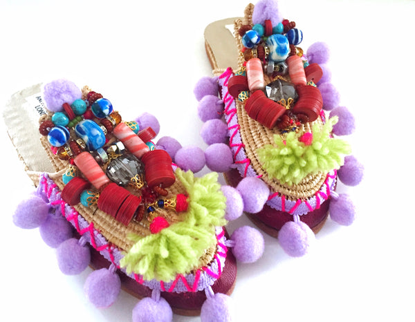 Poppy Beaded Embellished Leather Raffia Tassel And Pom-Pom Slippers By Anita Quansah London