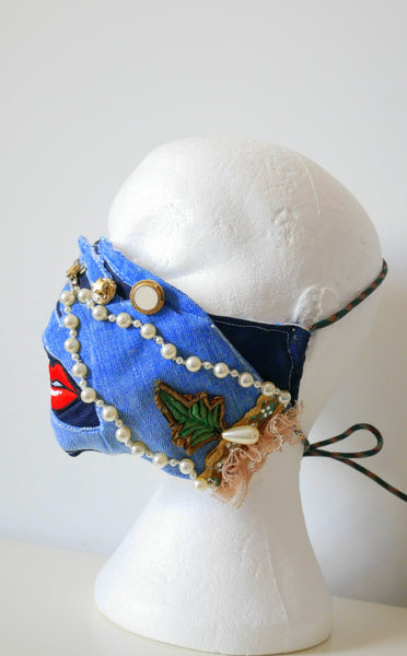 Reusable, Washable, Beaded and Embellished Rosary Denim Face Mask