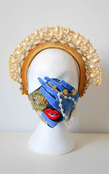 Reusable, Washable, Beaded and Embellished Rosary Denim Face Mask