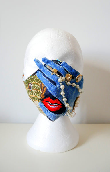 Reusable, Washable, Beaded and Embellished Rosary Denim Face Mask