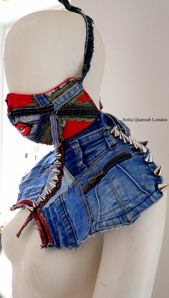 Reusable Washable Aso-Oke And Denim Studded Face Mask and Body Amour