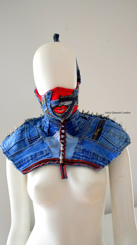 Reusable Washable Aso-Oke And Denim Studded Face Mask and Body Amour