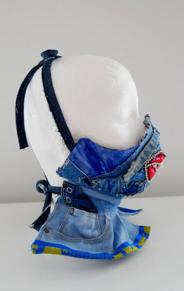Reusable Washable Distressed High-Neck Crystal-Encrusted Face Mask With Lips
