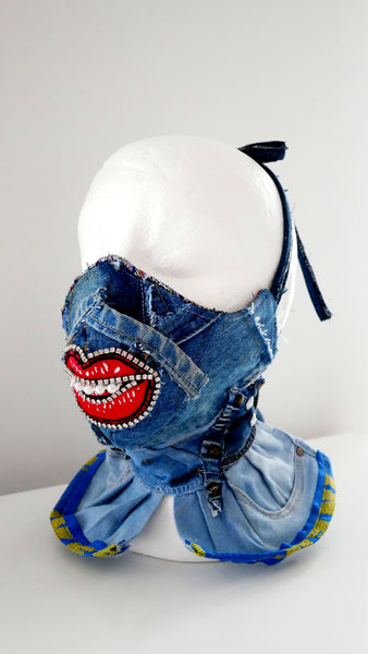 Reusable Washable Distressed High-Neck Crystal-Encrusted Face Mask With Lips