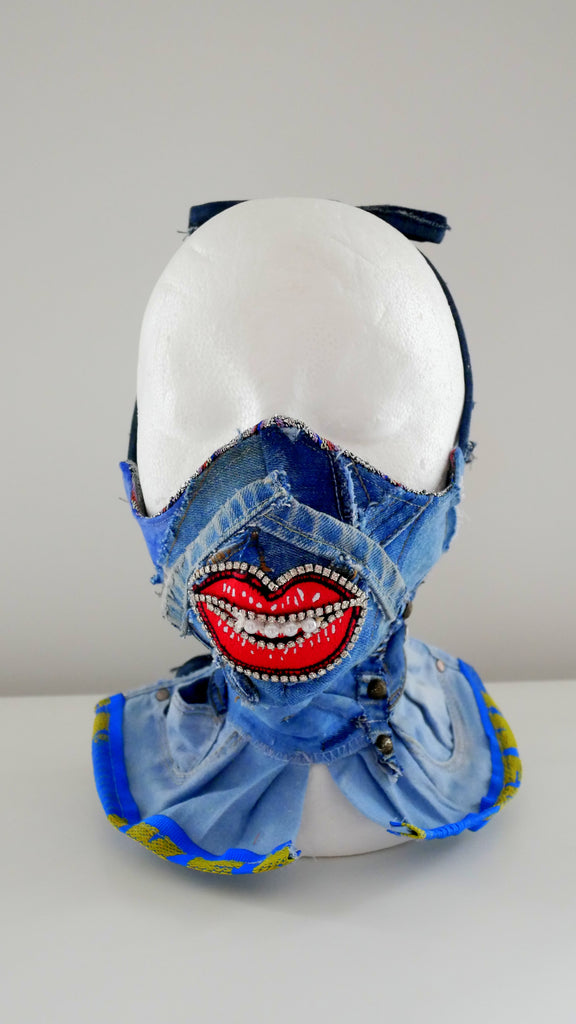 Reusable Washable Distressed High-Neck Crystal-Encrusted Face Mask With Lips