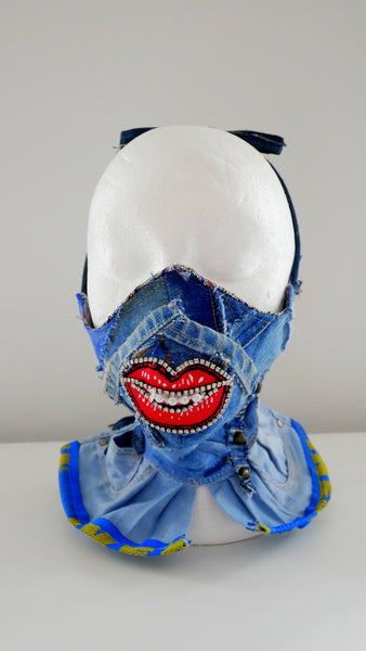 Reusable Washable Distressed High-Neck Crystal-Encrusted Face Mask With Lips