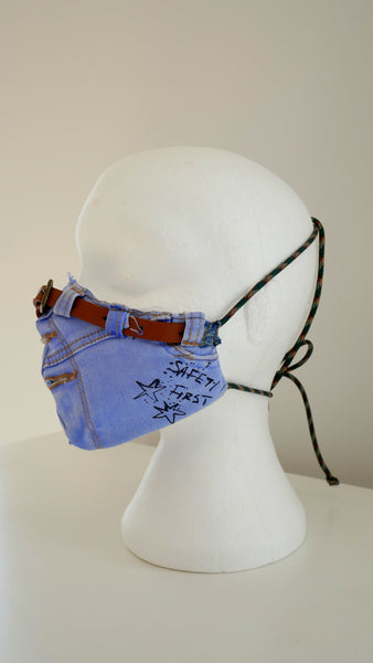 Reusable, Washable, Distressed, Denim Face Mask With Belt Detail And Filter Pocket