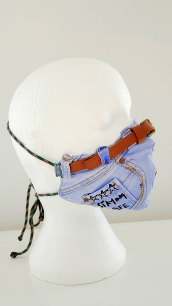 Reusable, Washable, Distressed, Denim Face Mask With Belt Detail And Filter Pocket