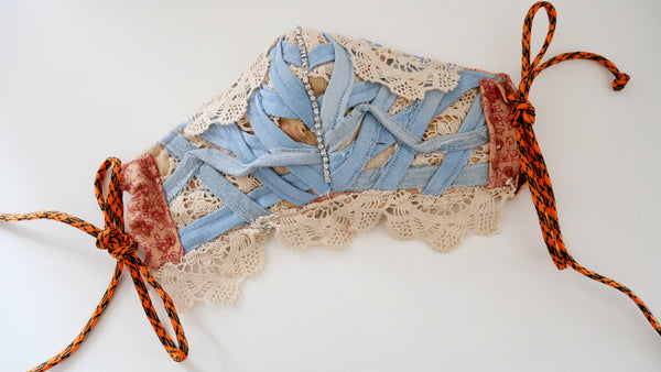 Reusable, Washable, Distressed, Denim, And Lace Face Corset-Style Face Mask 2