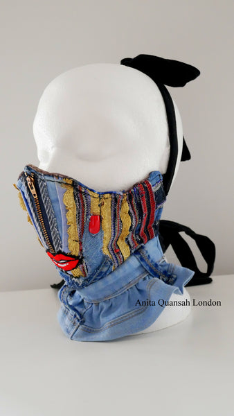 Reusable, Washable, I Look And Wonder, Denim Face Mask With Red Lips
