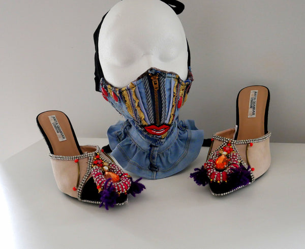 Reusable, Washable, I Look And Wonder, Denim Face Mask With Red Lips
