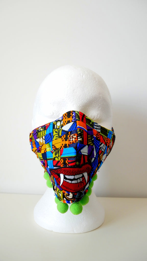 Reusable, Washable, Don't Bite Me, Mixed-Print, Weave Face Mask, With Pom-Poms